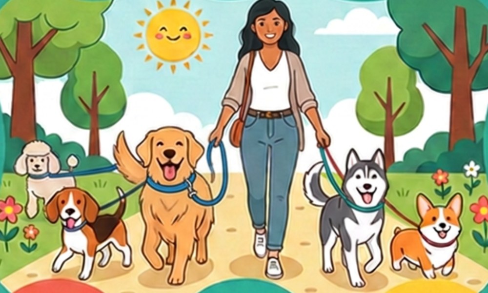 A dog walker on a sunny park path with a poodle, beagle, golden retriever, husky and corgi on leashes.